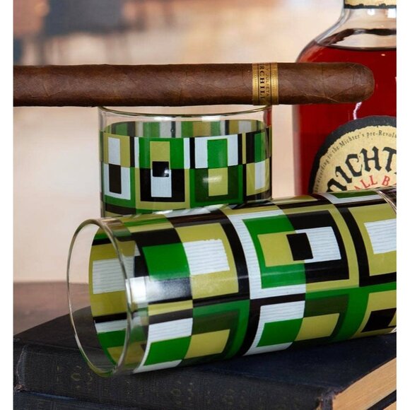 Mid-Century Modern Geometric Green Squares Lowball Rocks Glass - Picture 3 of 6